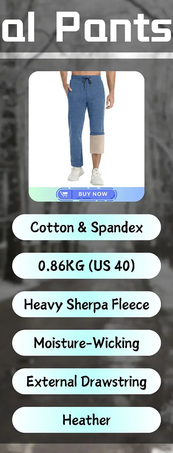 Men's blue cotton-spandex jogger pants with beige knee patches and a drawstring waist