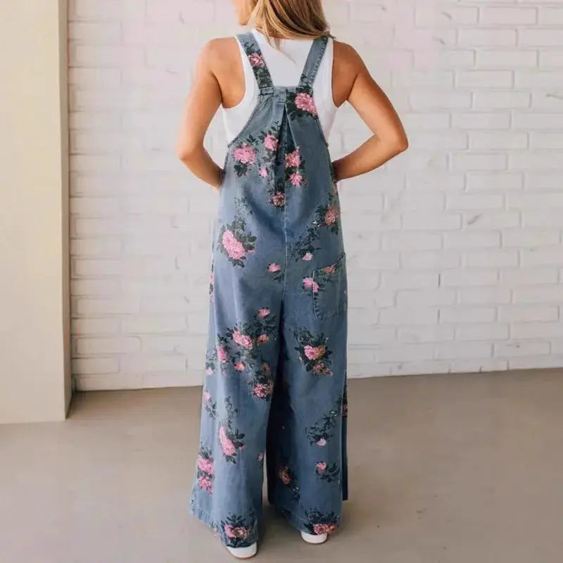 Denim floral print sleeveless jumpsuit with wide-leg pants, back view