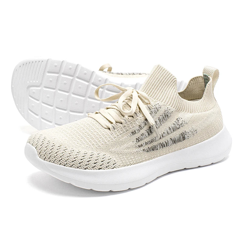 HOBIBEAR beige knit running sneakers with white sole, lace-up, breathable mesh.