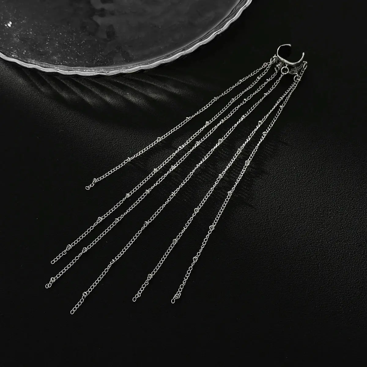Elegant long tassel ear cuff earrings, silver-tone multi-chain strands, Simples Market, no piercing required