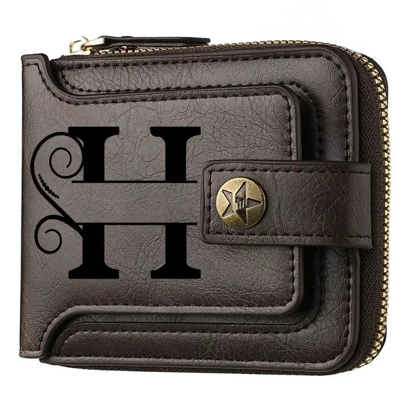 Personalized PU leather chain wallet for men, brown bifold with gold zipper by Simples Market