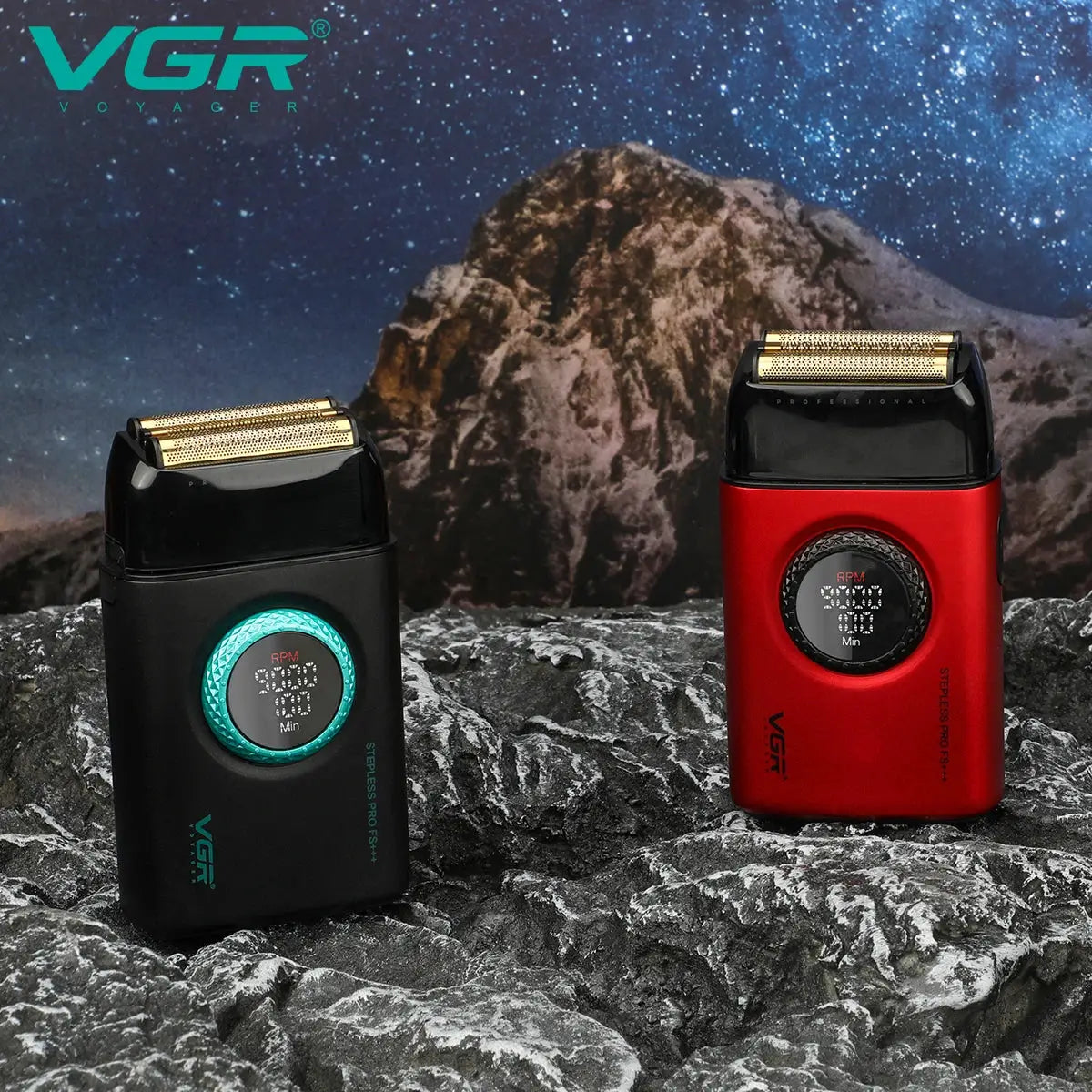 VGR electric men’s shavers (2) with LED displays on black and red alloy bodies.