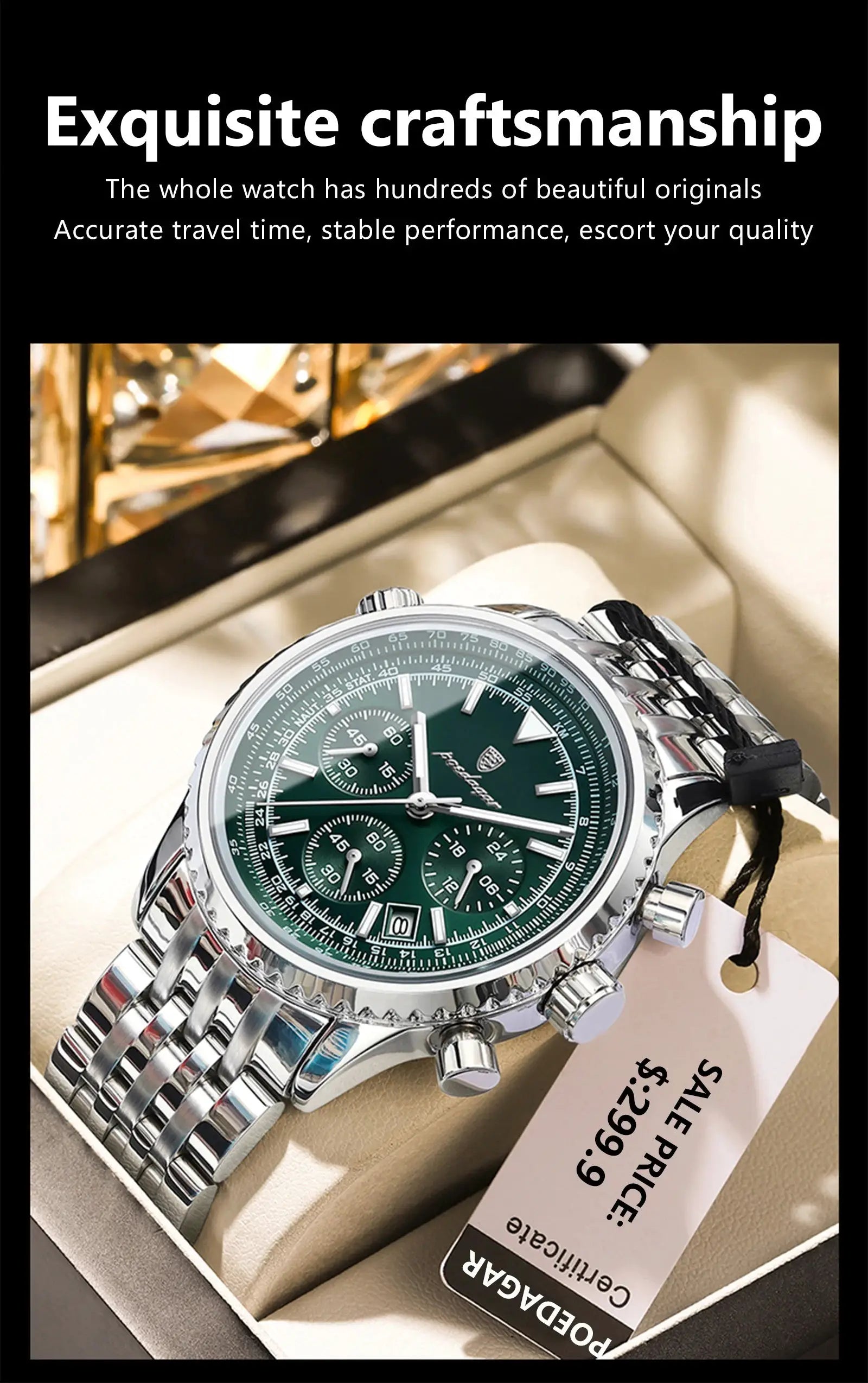 POEDAGAR men's stainless steel chronograph watch with green dial, date display, in a beige presentation box