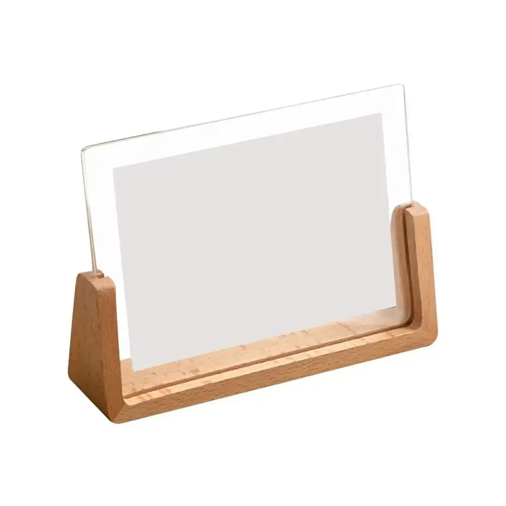 Wooden photo frame with clear acrylic U-shaped stand; walnut/beech finish, desktop decor.