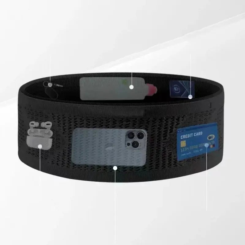 Seamless Invisible Running Waist Belt Bag by Simples Market, black mesh fanny pack with phone slot and card holder
