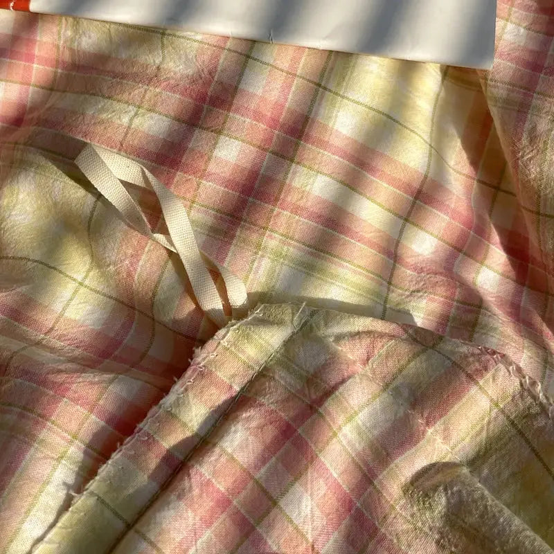 Bedding set by Simples Market, 100% cotton with pink-yellow plaid duvet cover and pillowcases