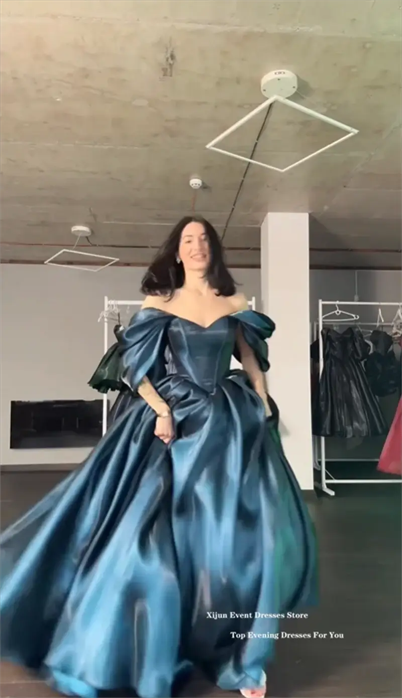 Xijun Turquoise Off Shoulder A Line Evening Gown Satin Prom Dress