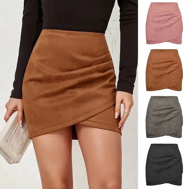 Simples Market suede mini skirt, high-waisted wrap-front bodycon in brown; 4 color options: pink, tan, grey, black.