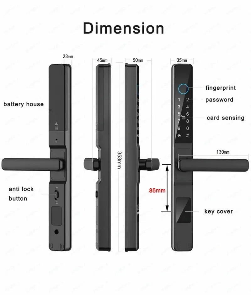 Waterproof sliding door smart lock with TTLock app, fingerprint sensor, keypad, RFID access, black aluminum–glass body.