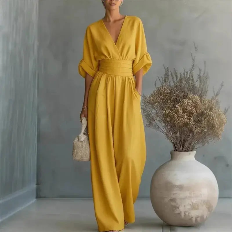 Simples Market women's mustard yellow waist V-neck jumpsuit, mid-sleeve, wide-leg, solid color