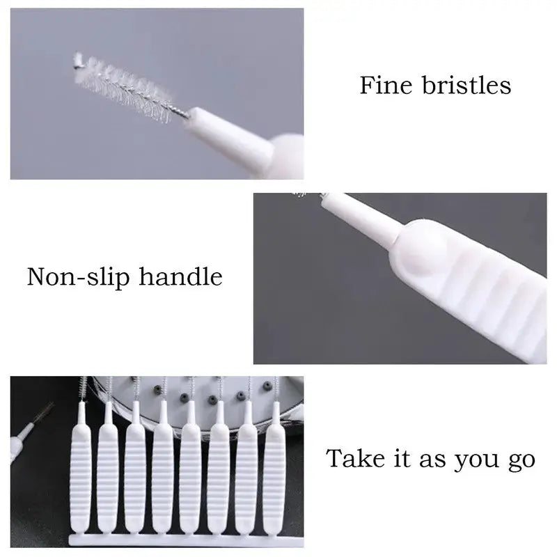 Shower cleaning brush set with micro nylon bristles and non-slip white handles; includes multiple brushes.