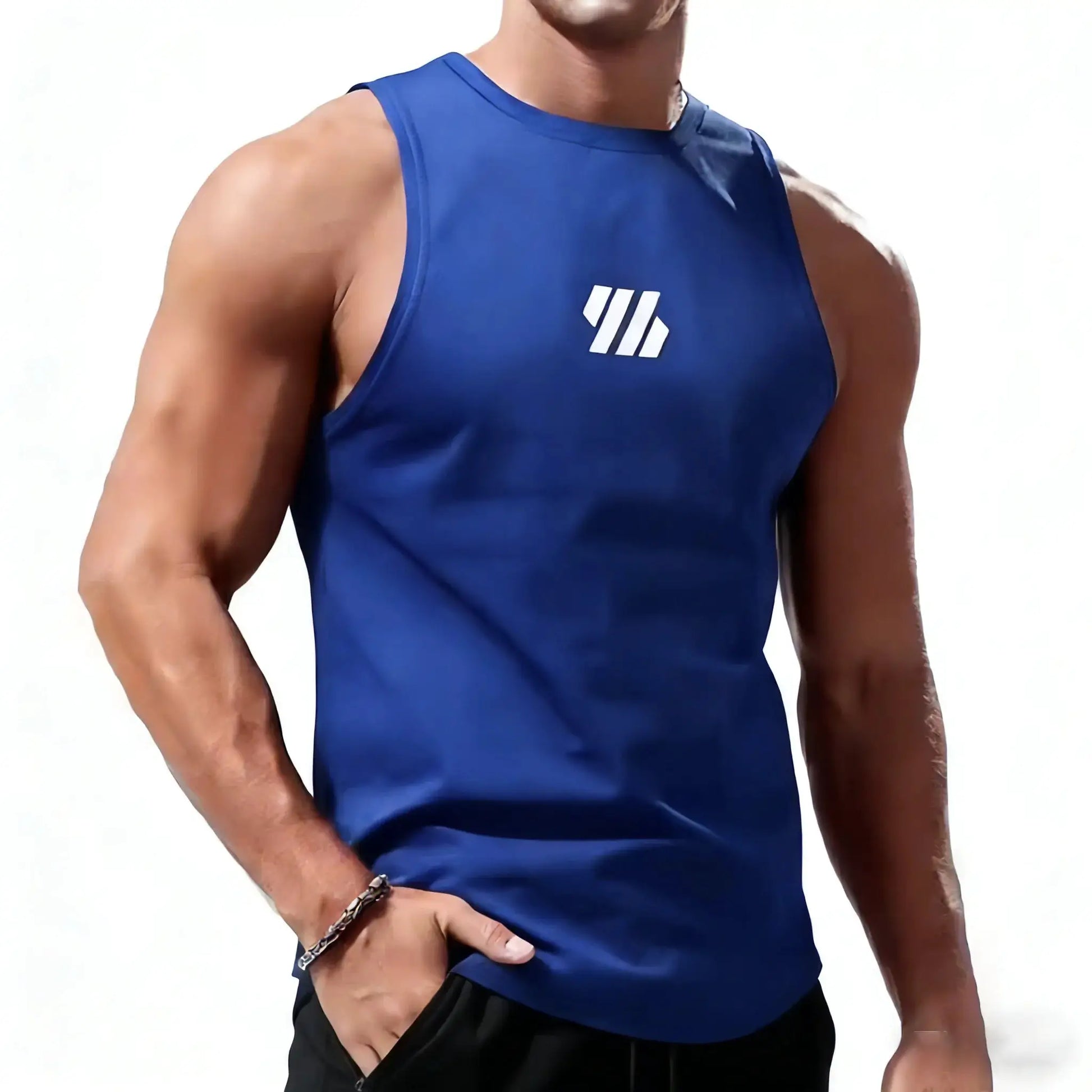Men's blue quick-dry training tank vest with Simples Market logo