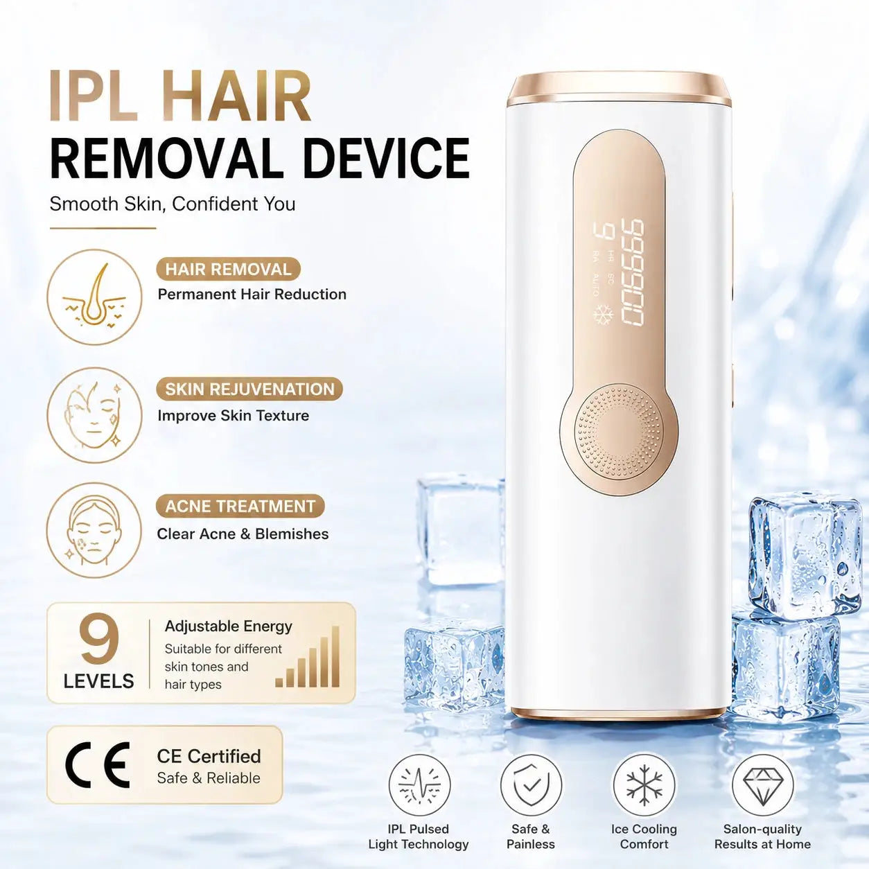 Simples Market IPL 3-in-1 hair removal device with cooling, 999,900 flashes, 9 energy levels, white with rose-gold trim.
