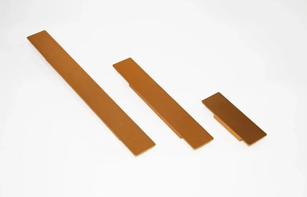 Three copper-brown aluminum wall light bars in varying lengths