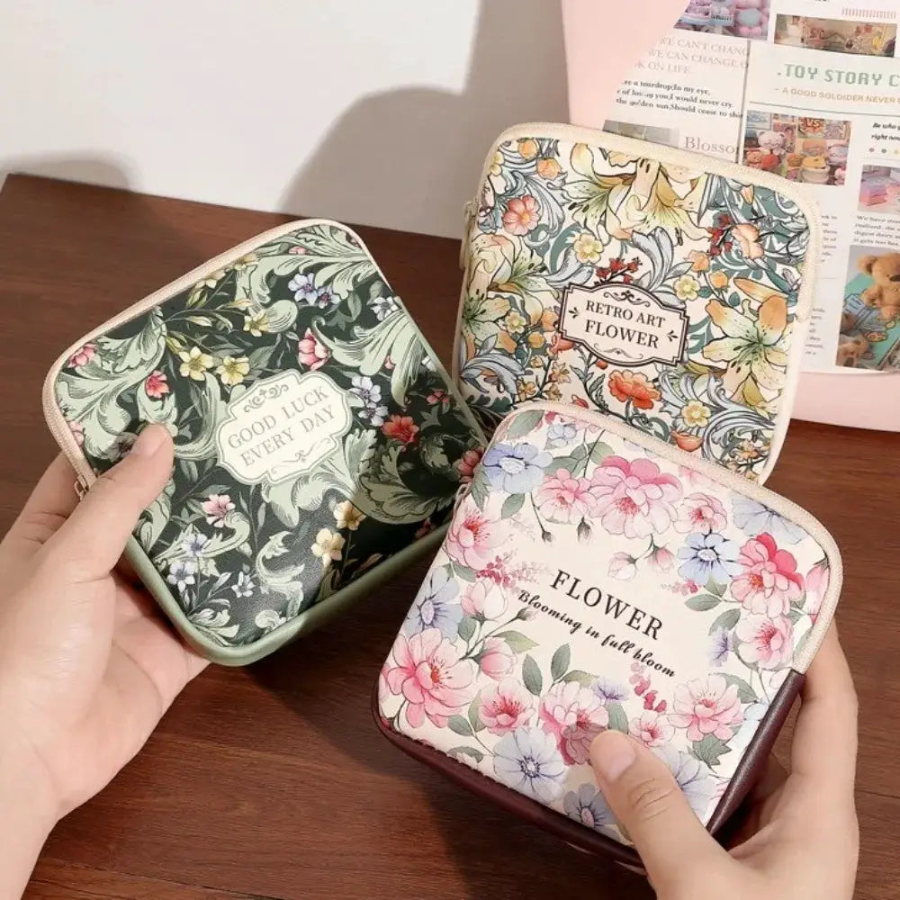 Creative PVC Floral Print Large Capacity Multipurpose Storage Bag For Sanitary Pads Coins And Cosmetics