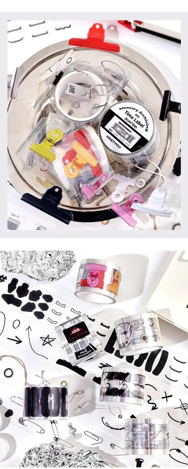 Decorative adhesive tapes set by Simples Market; clear reels with clips for memory journaling and scrapbooking.