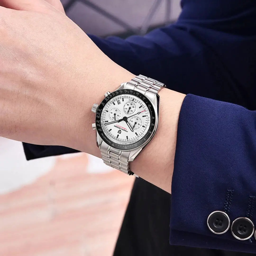 PAGANI DESIGN men's watch with stainless steel bracelet, white dial, black bezel.