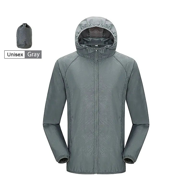 Unisex hiking jacket, gray waterproof windbreaker with hood, quick-dry rain coat for outdoor trekking