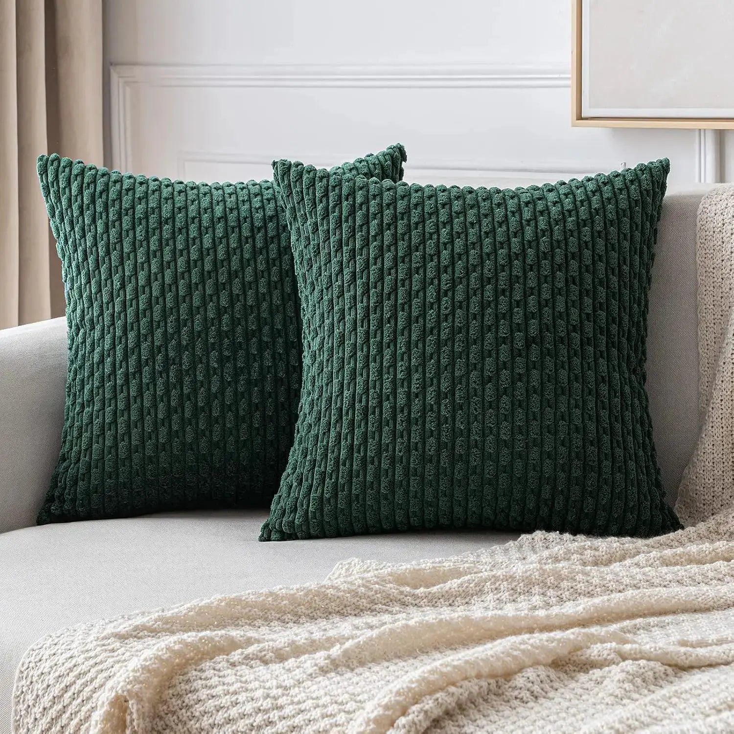 Fall decorative throw pillow covers in dark green corduroy with ribbed texture, 2-pack.