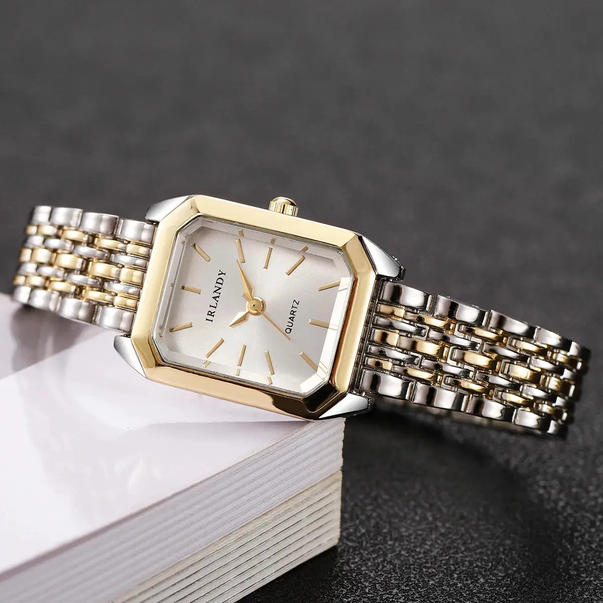 Wrist watch two-tone stainless steel bracelet with gold bezel, rectangular IRLANDY quartz dial