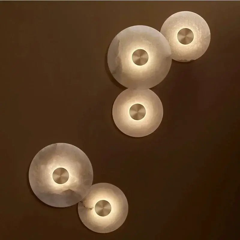 Luxury Spanish natural marble wall lamp with copper finish and LED circular discs, Simples Market