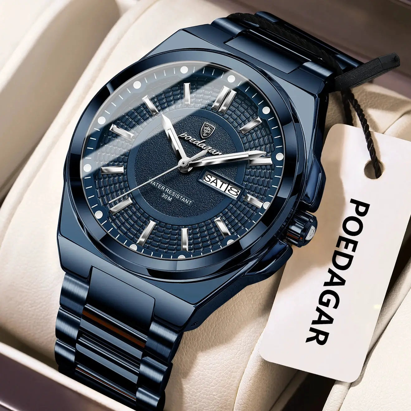 POEDAGAR men's blue stainless steel wristwatch with date window and 30m water resistance