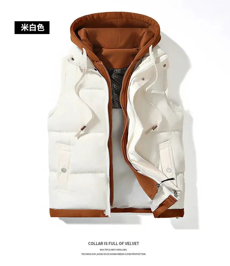 Simples Market white quilted sleeveless hooded vest for men with brown lining and zip front