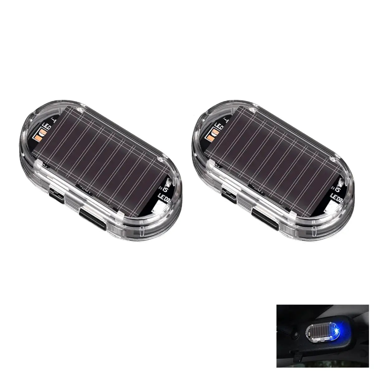 2-pack solar-powered car warning lights with clear oval housings and solar panels; blue flashing signal inset