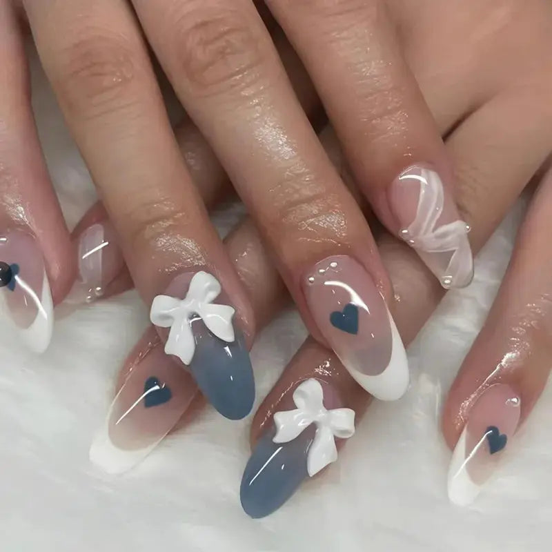 LuxeNail White French Press On Nails 3D Bowknot Full Cover Tips Durable 24Pcs DIY Manicure Set