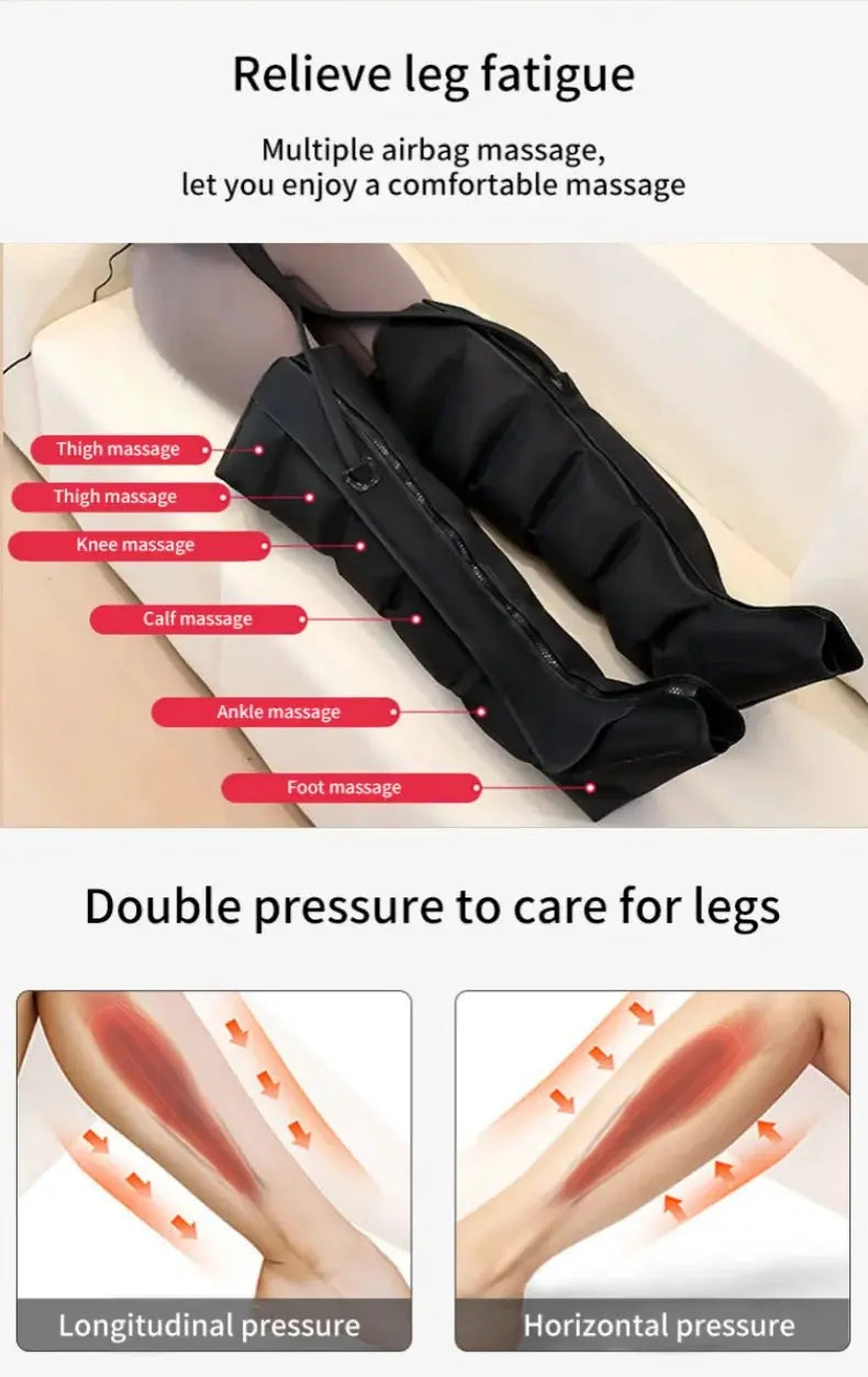 Simples Market air-pressure leg massager boots with remote, black fabric, thigh, knee, calf, ankle, and foot massages.