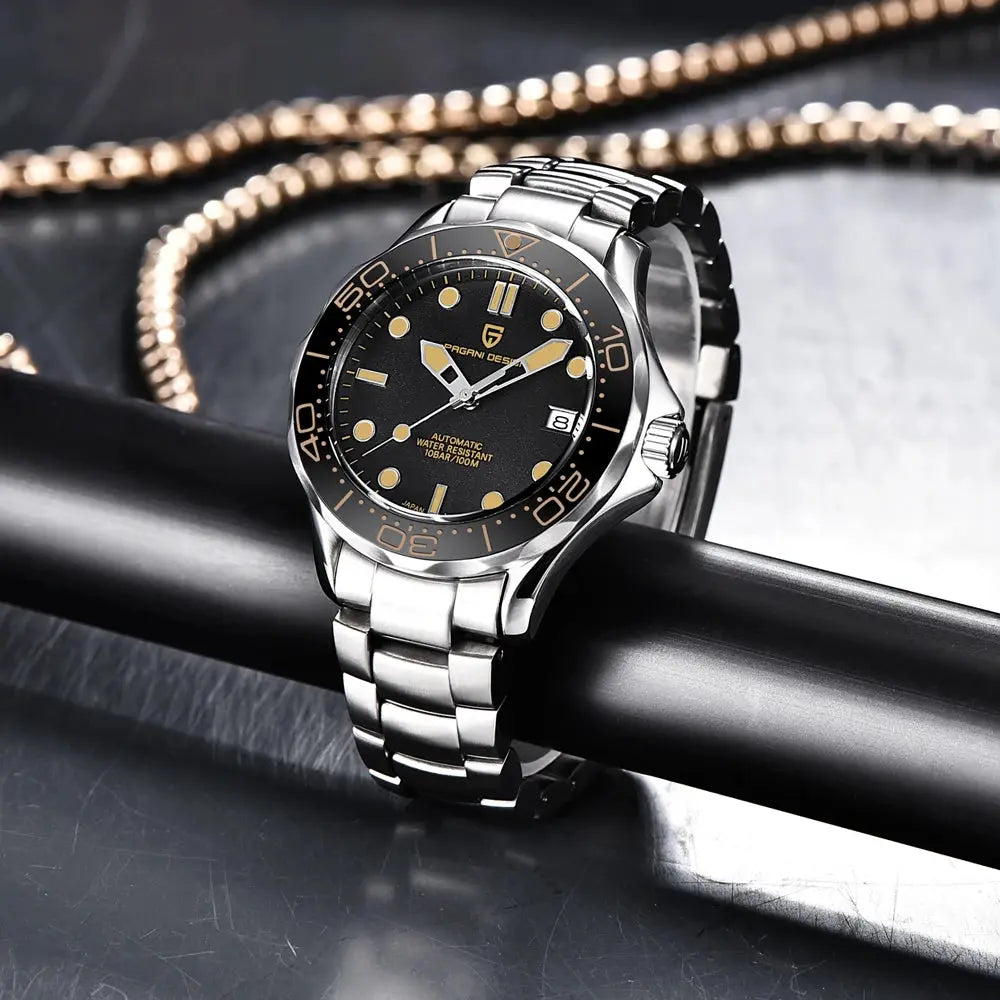 PAGANI DESIGN 007 men's watch, stainless steel bracelet, black dial with gold-tone markers