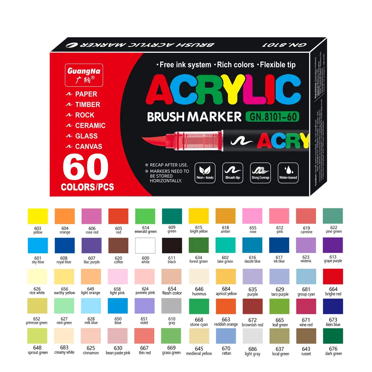 GuangNa 60-color waterproof acrylic brush marker set with soft nib for glass, stone, metal, wood, canvas & paper