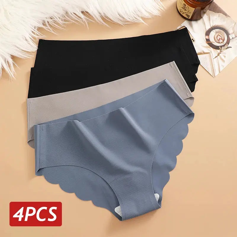 Ice Silk Seamless Panties 4-piece set by Simples Market; black, beige, gray, and blue with wavy scalloped sides