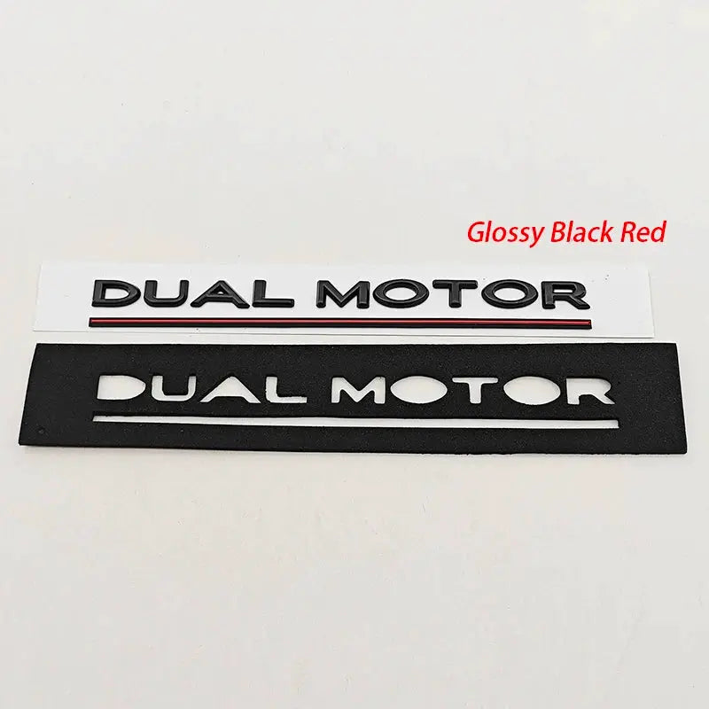 Two-piece set of 3D ABS chrome rear trunk badges in glossy black with red underline for Tesla Model Y/X/3