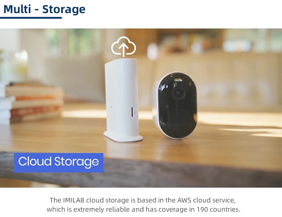 IMILAB EC4 outdoor security camera kit: white base station and black camera, cloud storage banner.