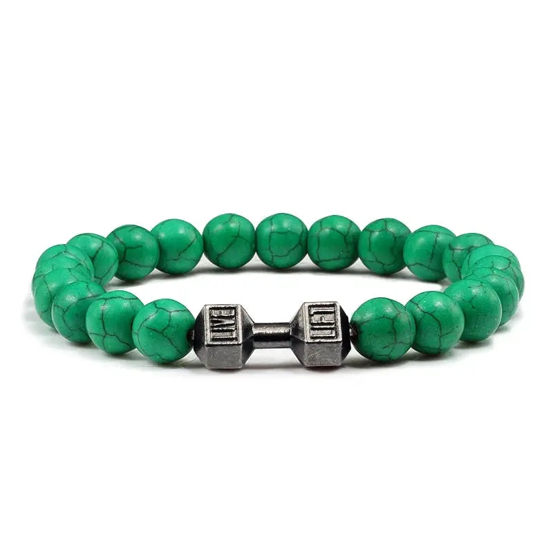 Natural Volcanic Stone Bracelet For Men And Women Matte Black Lava White Beads Dumbbell Charm Strand Fitness Jewelry