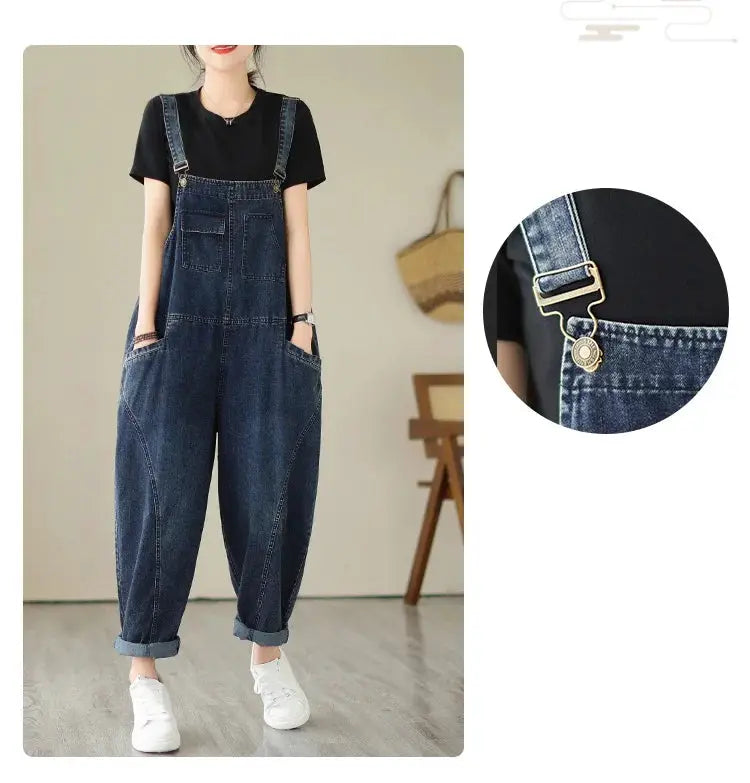 Denim cargo suspender overalls for women, blue patchwork, multiple pockets, loose fit by Simples Market