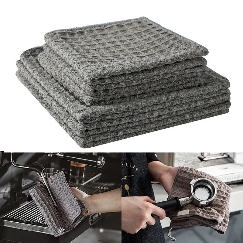Barista towel set: four dark gray waffle-textured cleaning cloths for coffee machines