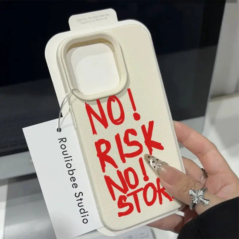 Simples Market cream iPhone shockproof bumper case with bold red NO! RISK NO! STOCK text