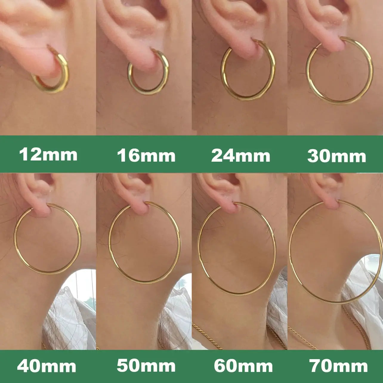 Gold-tone stainless steel circle hoop earrings for women in multiple sizes from 12mm to 70mm (set)