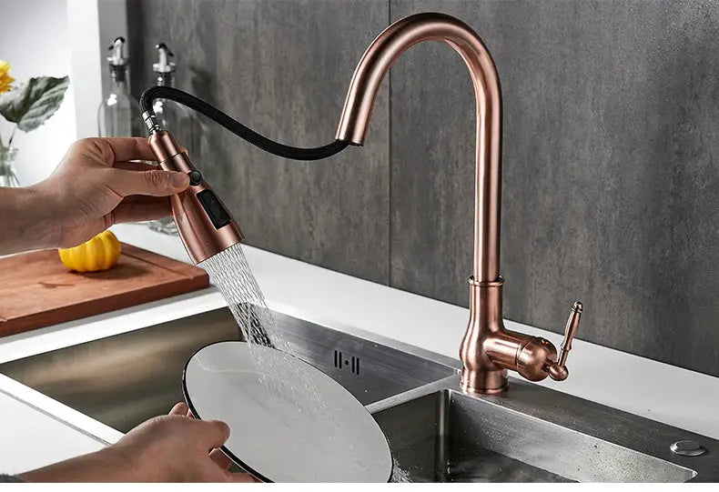 Antique bronze kitchen faucet with pull-out gooseneck and sprayer over stainless steel sink