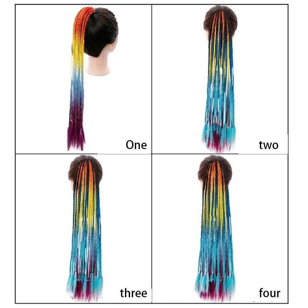 Synthetic gradient rainbow braided ponytail extensions with elastic band, 24-inch length; four variations shown