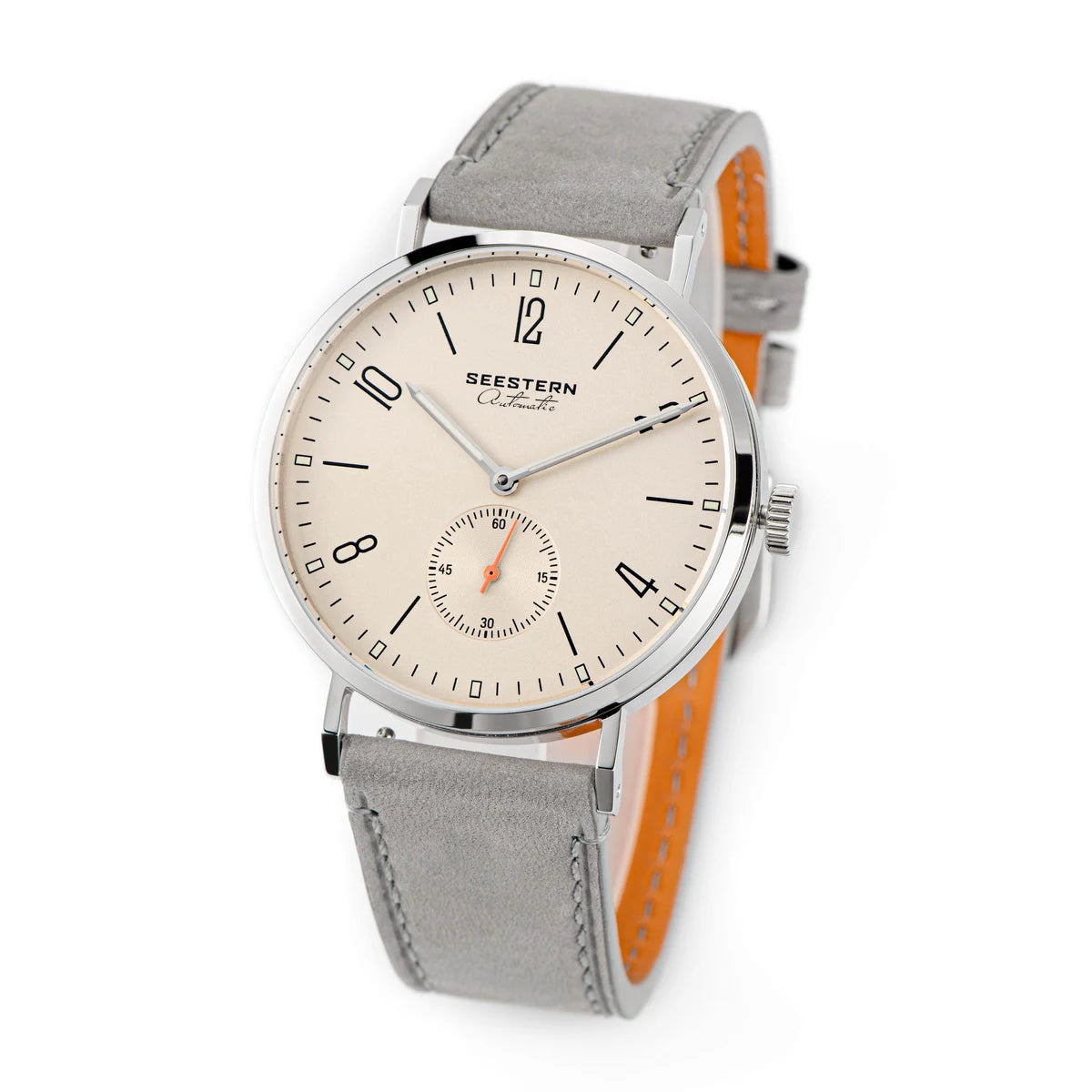 SEESTERN men’s automatic wristwatch with beige dial, silver case and gray leather strap