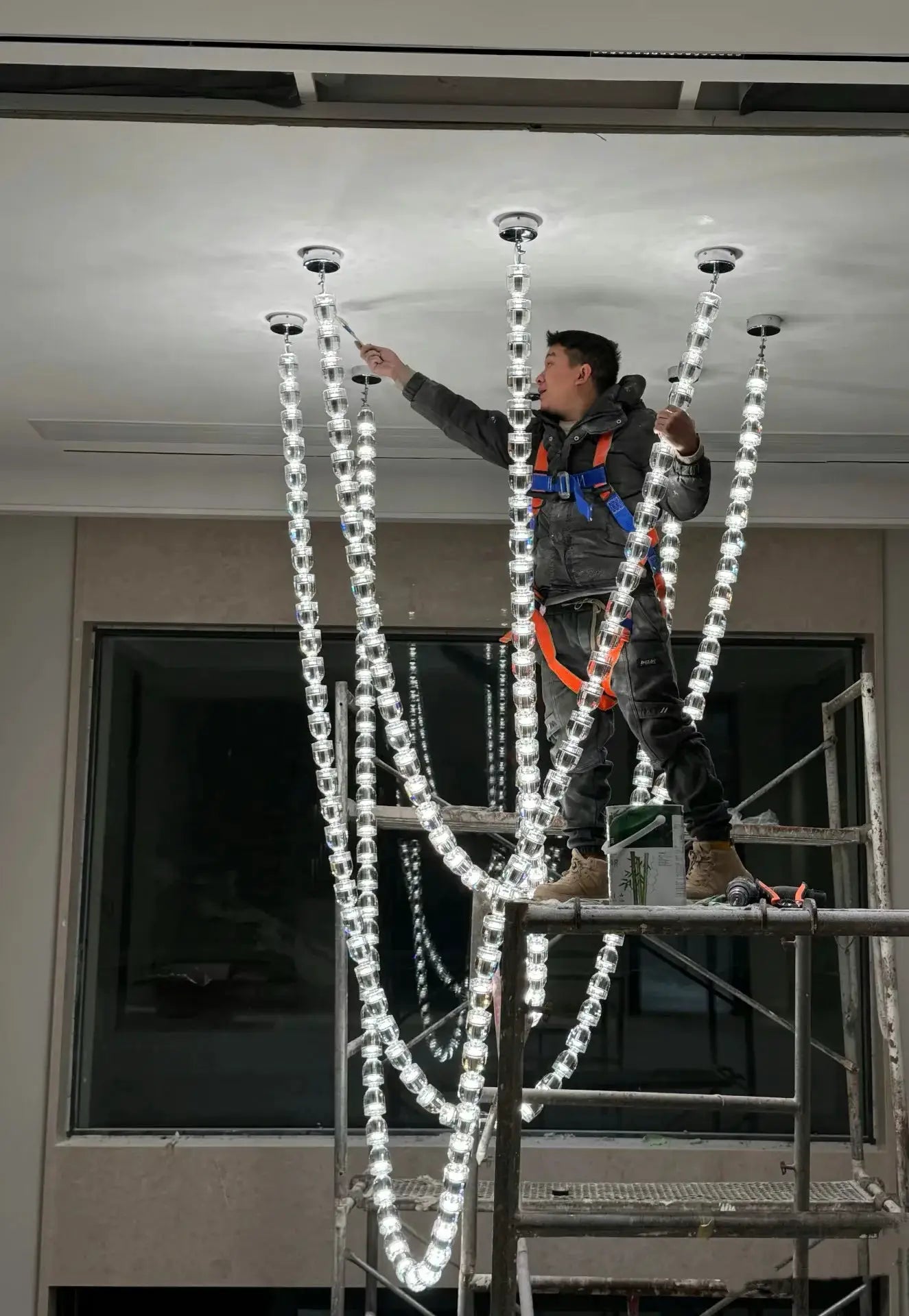 Chandelier ceiling light with crystal acrylic bead strands, multi-strand adjustable length for living room