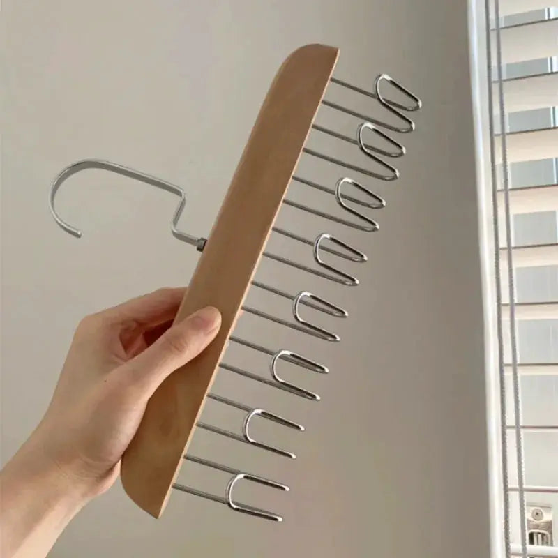 Wooden multi-hook bra hanger with metal hooks for wardrobe organization