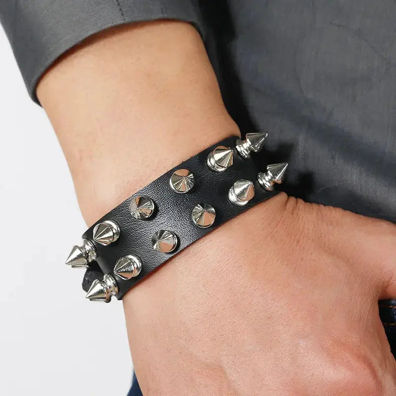 Unisex Black Leather Punk Bracelet With Metal Spike Studs Adjustable Goth Wristband Cuff Bangle