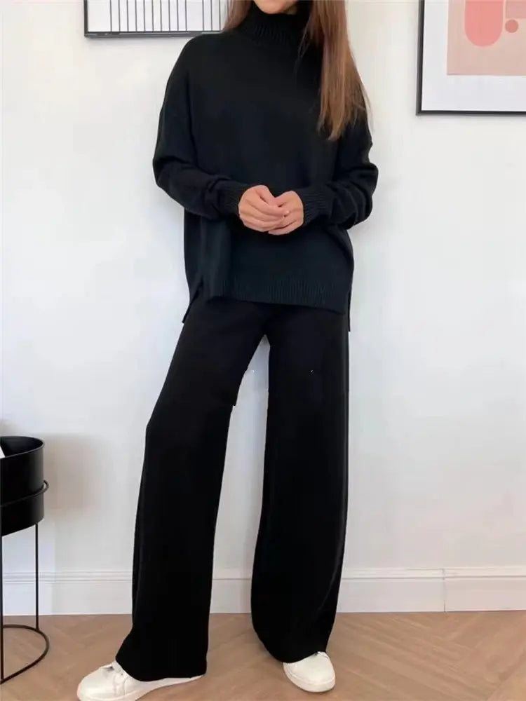 CozyNest Autumn Winter Two Piece Knitted Tracksuit Set With Turtleneck Sweater And Wide Leg Joggers For Women