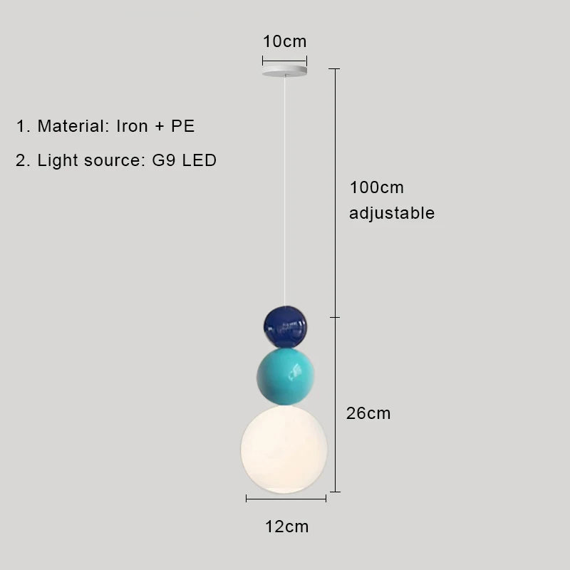 Nordic pendant light with cream, turquoise and navy stacked globes; iron+PE, G9 LED, 100 cm adjustable cord