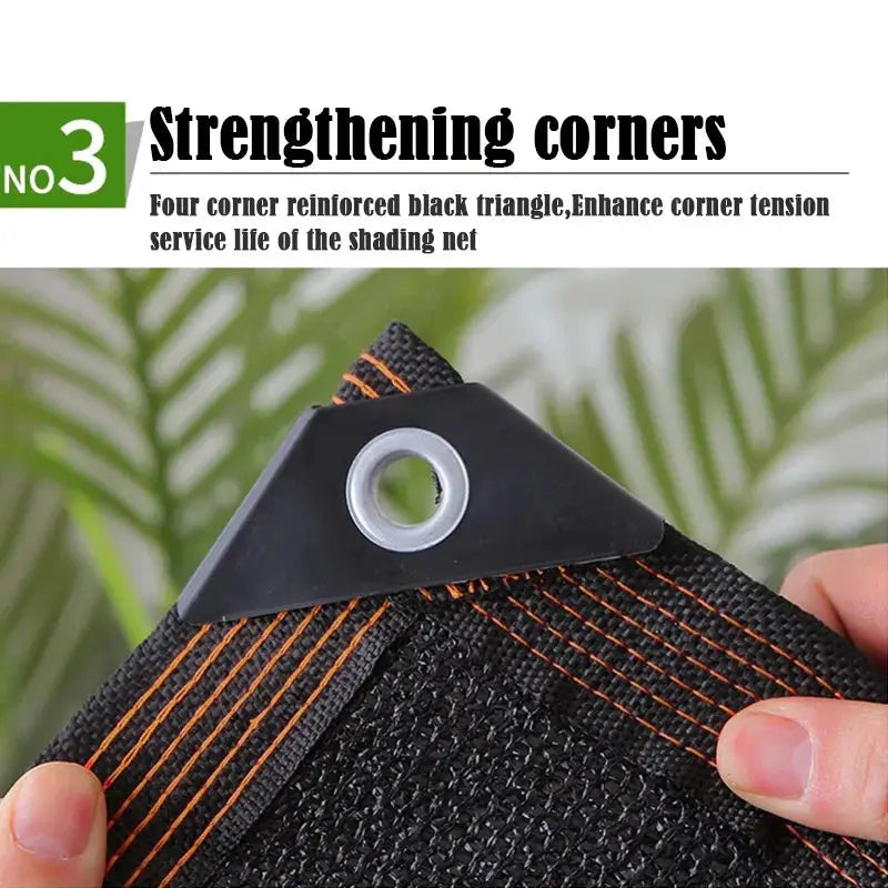 6x6m black shade cloth with reinforced corner grommet and orange stitching for outdoor sun shading