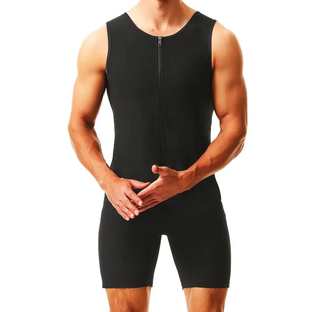 Men's black sauna waist-trainer jumpsuit with front zipper